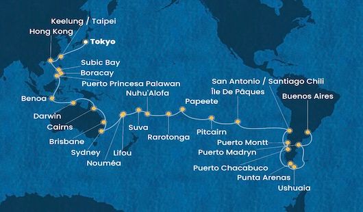 L'itinéraire du tour du monde 2026 à bord du Costa Serena