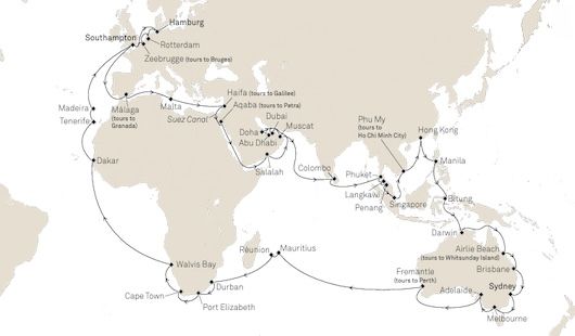 Itinéraire Tour du Monde 2026 à bord du Queen Anne - Crédit Image : Cunard