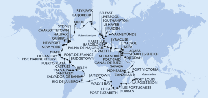 itinéraire tour du monde msc 2024