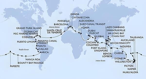 Itinéraire du Tour du Monde MSC 2028