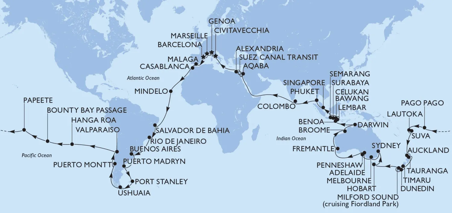 L'itinéraire du Tour du Monde MSC 2029